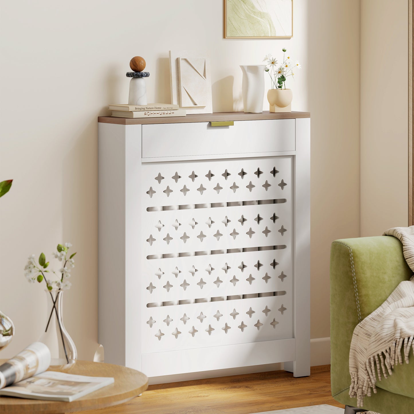 Heater Cover with Flip Drawer and Top Shelf 78 x 19 x 95.5 cm White