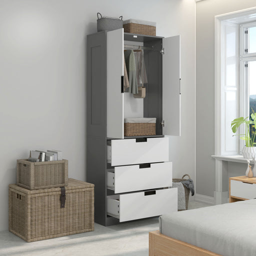 2 Door Wardrobe, Modern Wardrobe with 3 Drawers and Hanging Rod for Bedroom, Grey