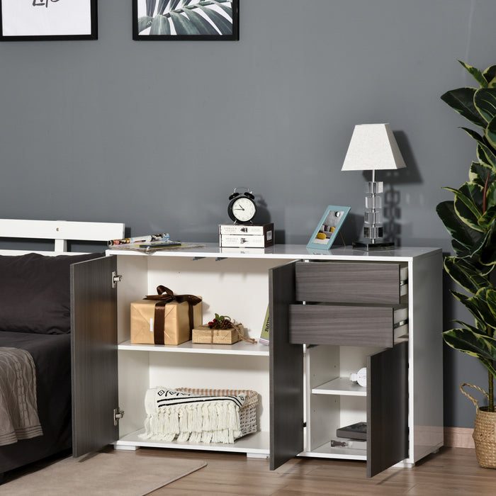 High Gloss Sideboard, Side Cabinet, Push-Open Design with 2 Drawer for Living Room, Bedroom, Grey and White