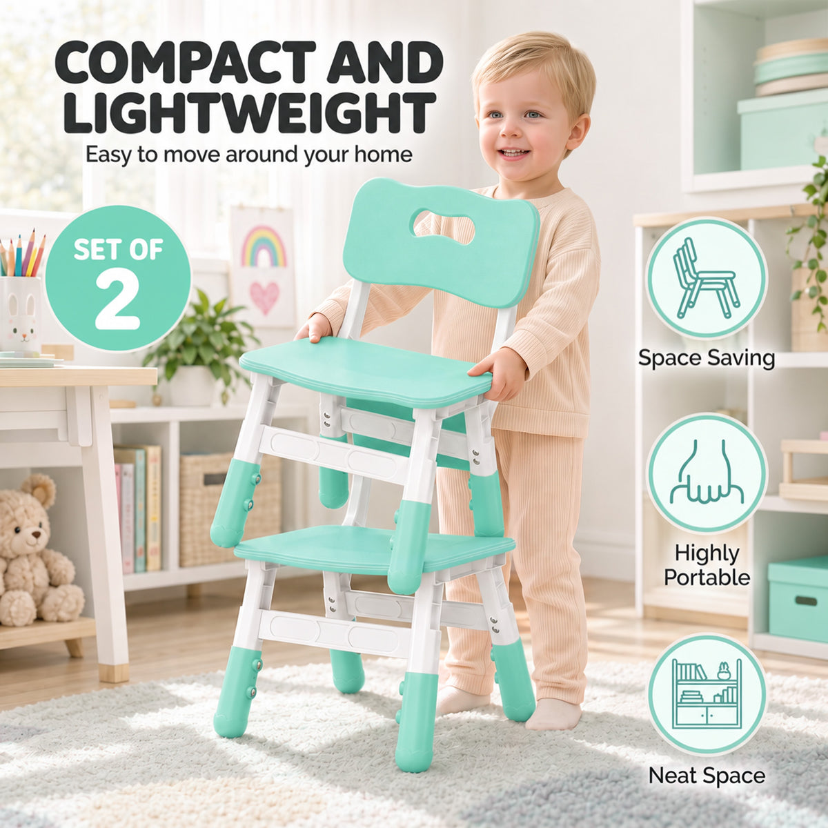 Set of 2 Height-Adjustable Kids' Desk Chairs - Green & White
