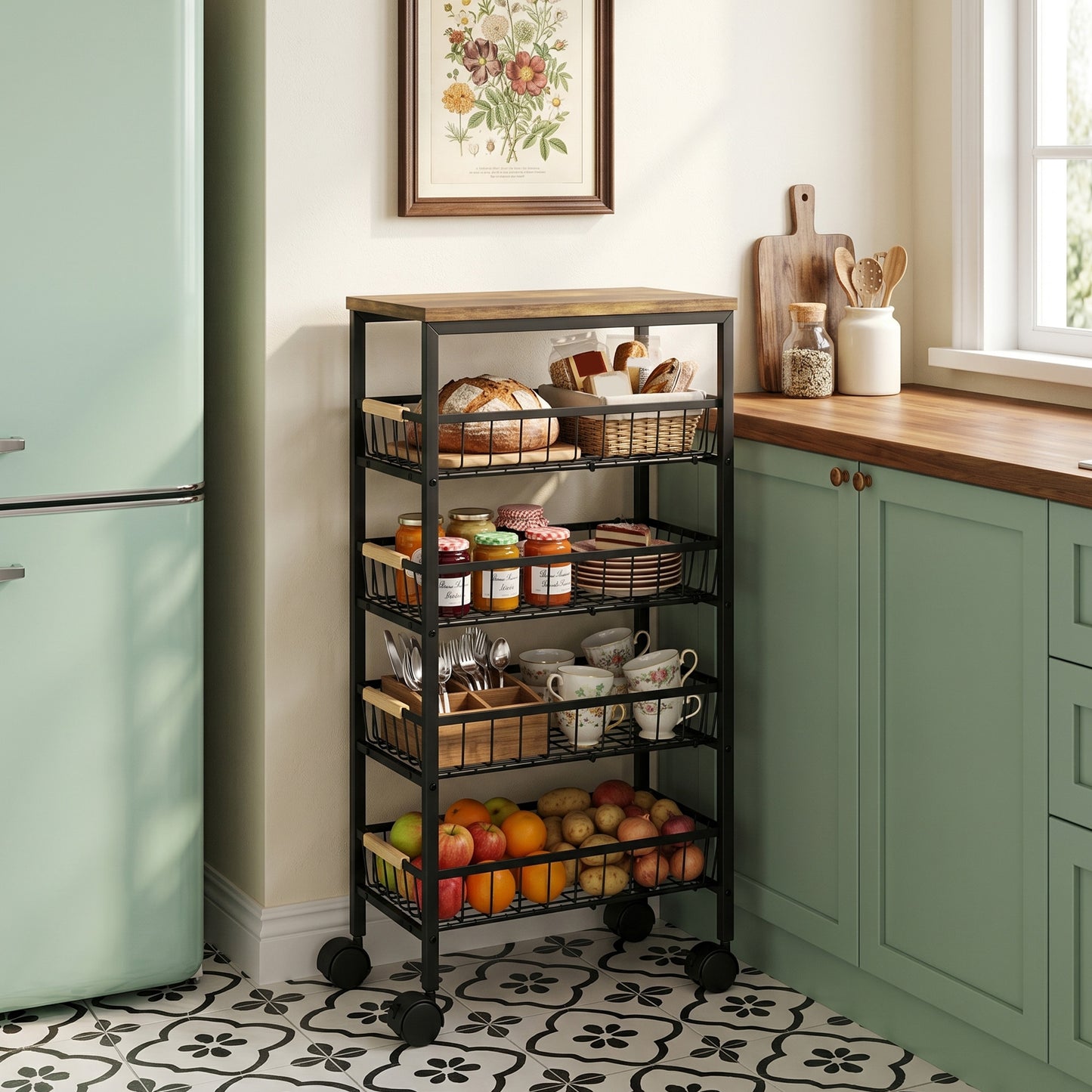 Metal Kitchen Trolley with Pull-Out Baskets, Rustic Brown