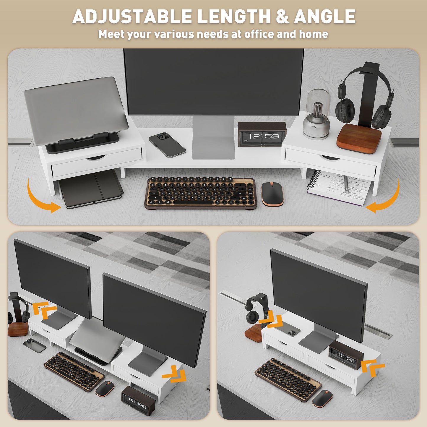 Dual Monitor Stand Riser with Adjustable Length and Angle, White