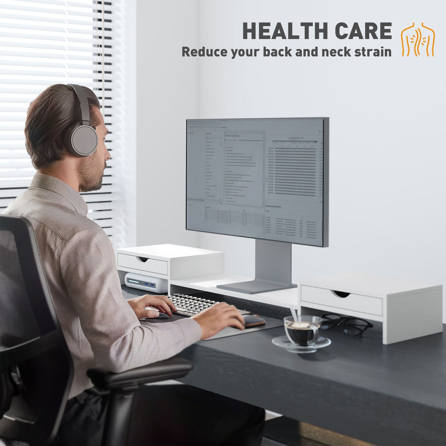 Dual Monitor Stand Riser with Adjustable Length and Angle, White