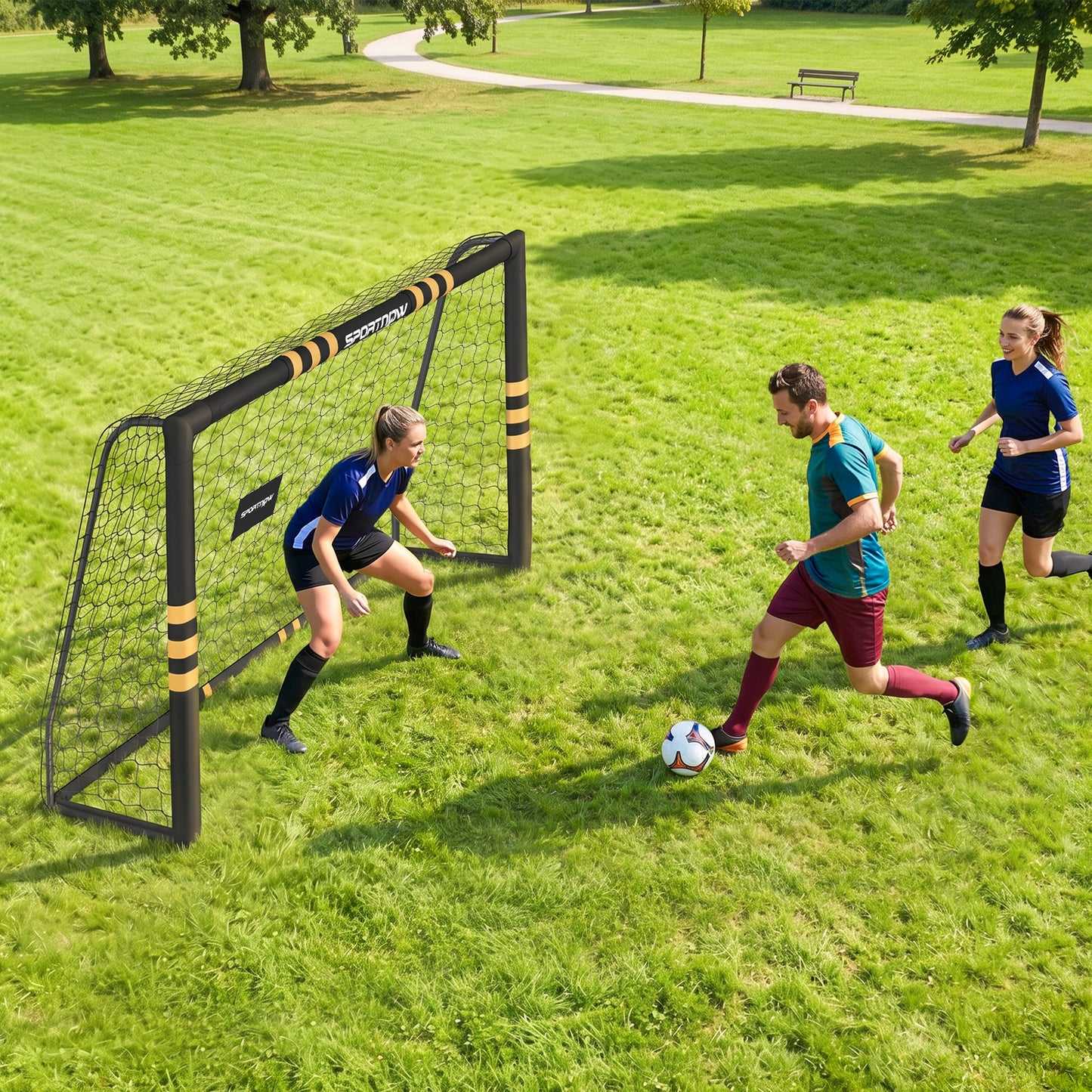 Football Goal, 8 x 5ft Portable Football Net with Thick EPE Foam Padding, PVC Tube Covers, Ground Stakes and Metal Frame, Training Equipment for Garden Indoor Outdoor Play, Easy Assembly