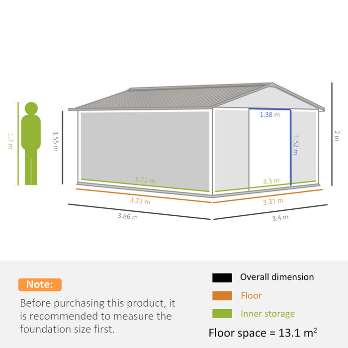 13 x 11ft Garden Metal Storage Shed Outdoor Storage Shed with Foundation Ventilation & Doors, Grey