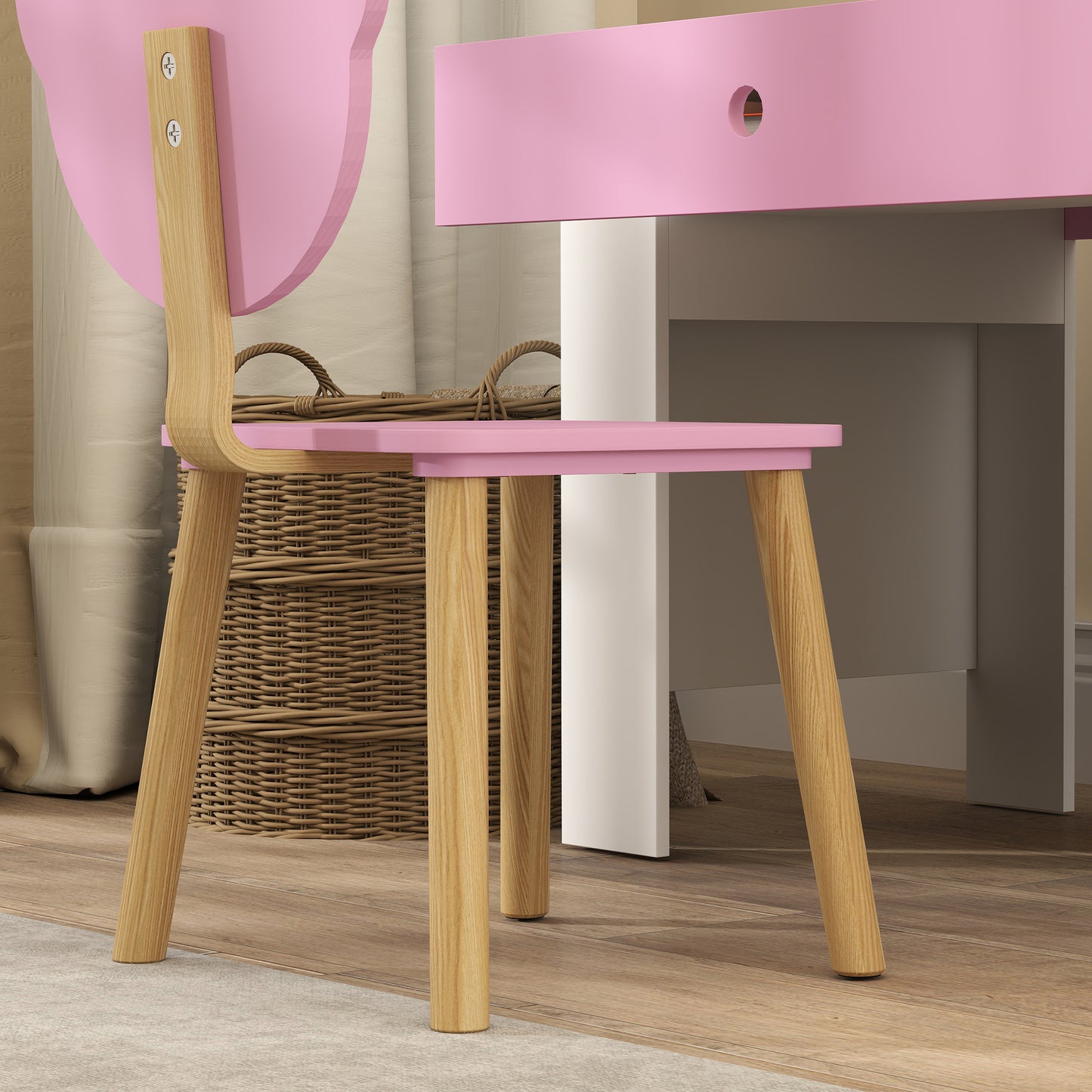 Kids Desk and Chair Set, Children Writing Table with Drawer, Pink