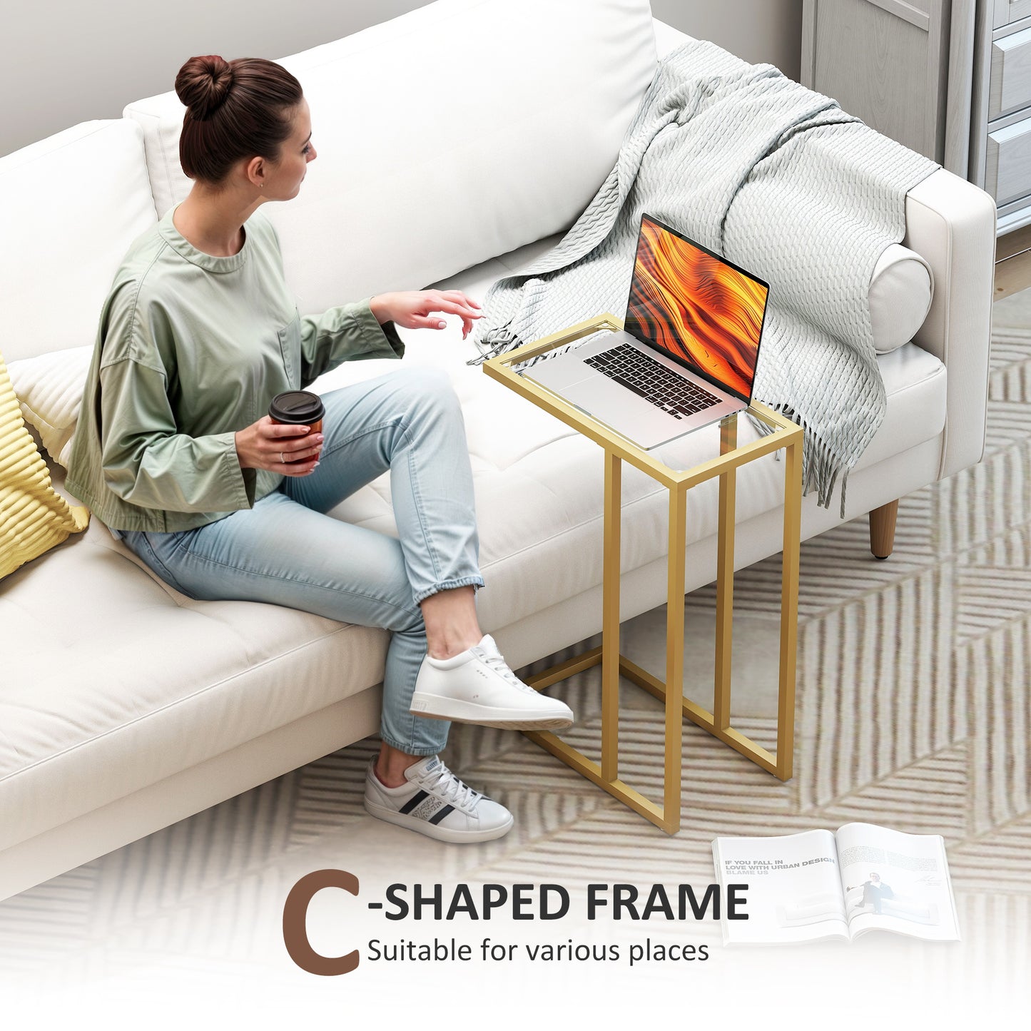 C-Shaped Side Table, End Table with Tempered Glass Tabletop, Gold