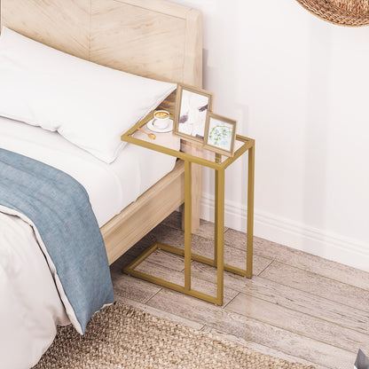 C-Shaped Side Table, End Table with Tempered Glass Tabletop, Gold