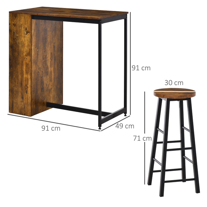 Industrial Bar Table Set for 2, 3 Pieces Pub Table and Bar Stools with Storage Shelf for Kitchen