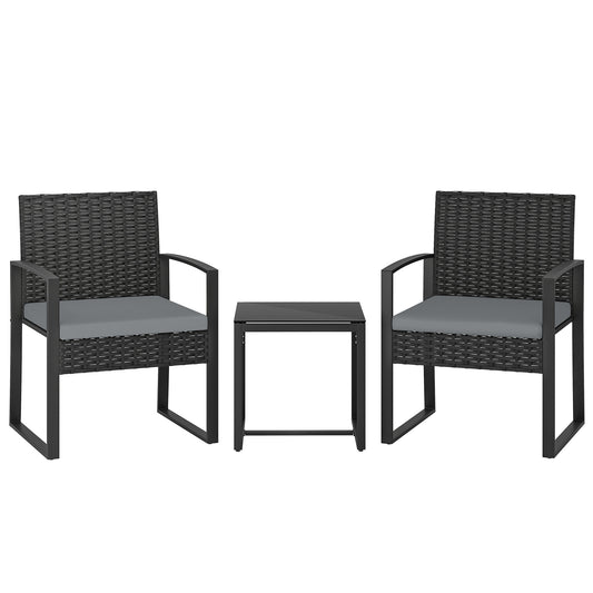 Rattan Bistro Set, 3 PCS Garden Furniture with Cushion, Light Grey