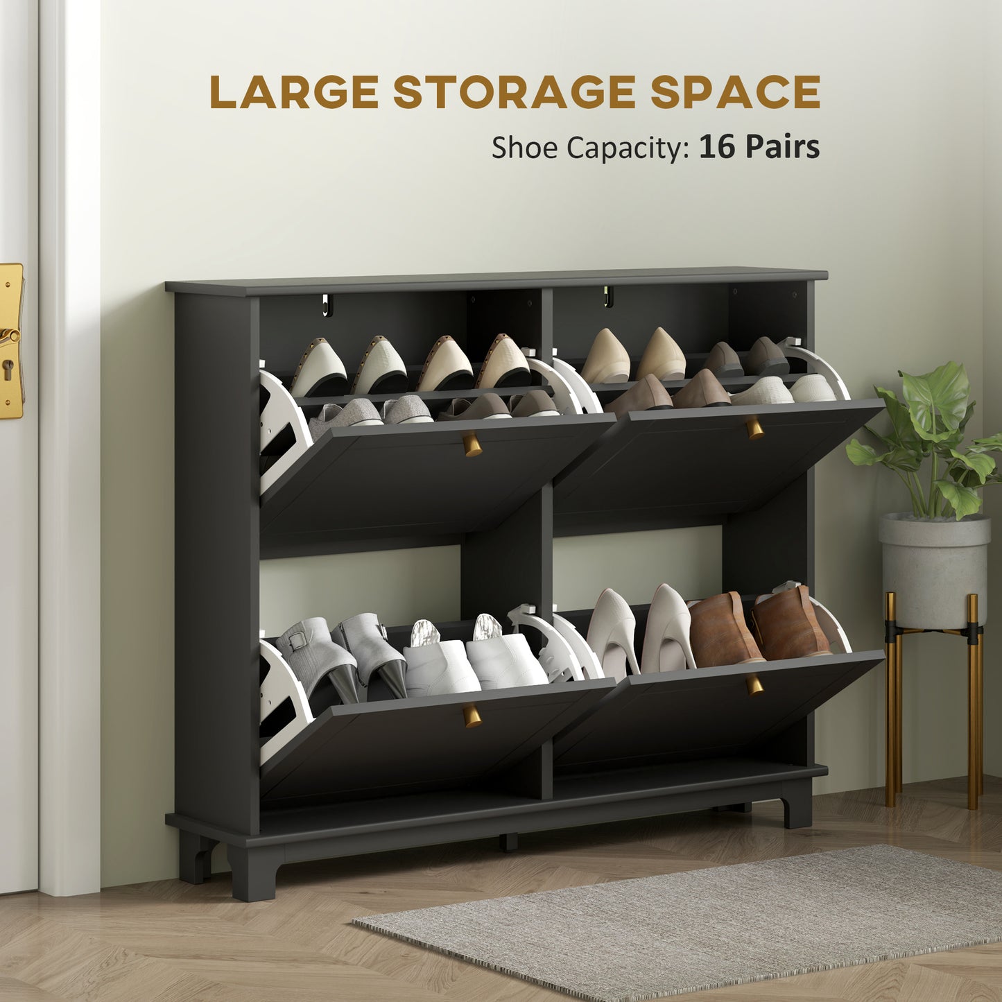 Narrow Shoe Cabinet with 4 Flip Drawers Adjustable Shelves, Black