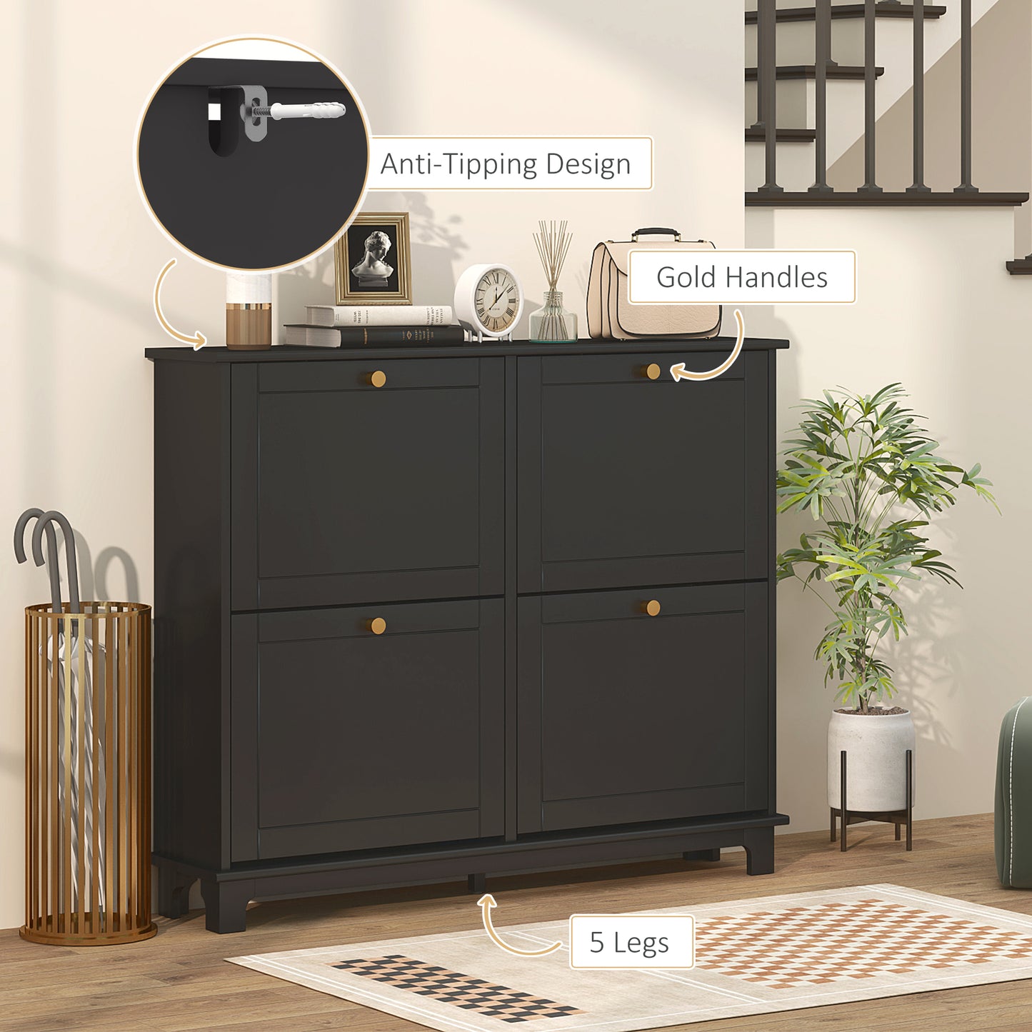 Narrow Shoe Cabinet with 4 Flip Drawers Adjustable Shelves, Black