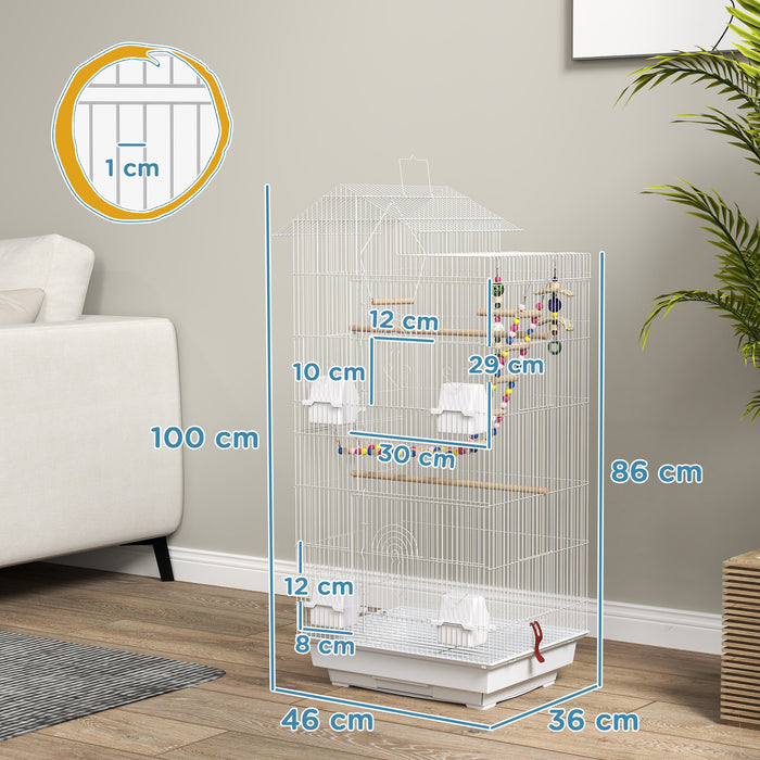 Bird Cage for Budgies, Finches, Canaries w/ Accessories, Toys, Tray, Handle, 46 x 36 x 100cm -White