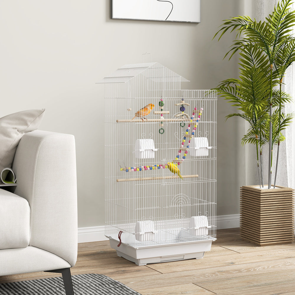 Bird Cage for Budgies, Finches, Canaries w/ Accessories, Toys, Tray, Handle, 46 x 36 x 100cm -White