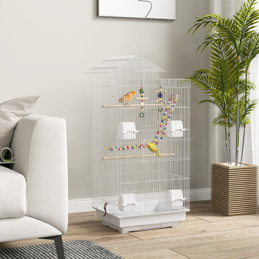 Bird Cage for Budgies, Finches, Canaries w/ Accessories, Toys, Tray, Handle, 46 x 36 x 100cm -White