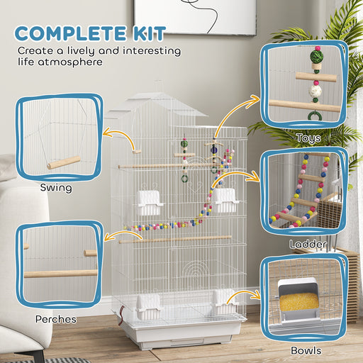 Bird Cage for Budgies, Finches, Canaries w/ Accessories, Toys, Tray, Handle, 46 x 36 x 100cm -White