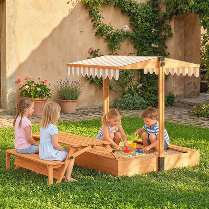 Kids Sand Pit with Lid, Wooden Sandpit with Foldable Picnic Table
