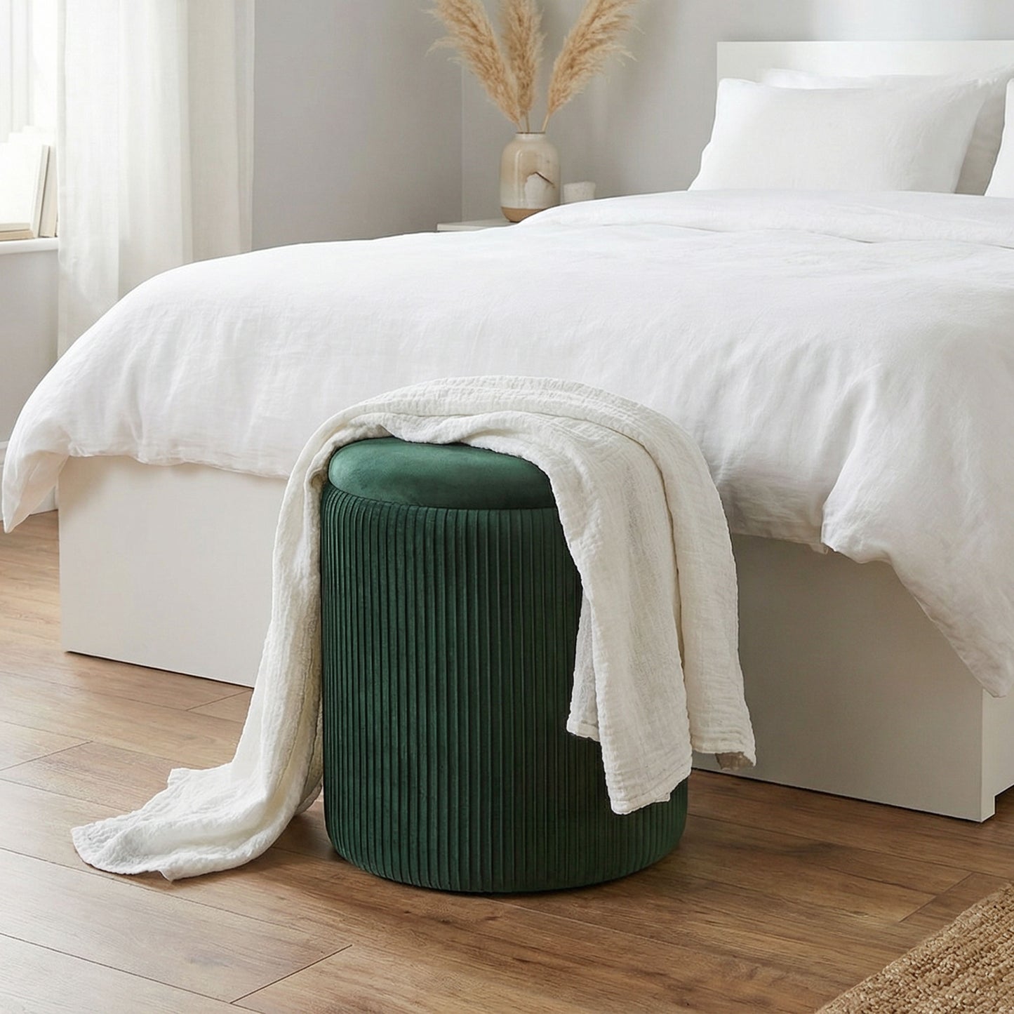 Round Storage Ottoman with Removable Top, Dark Green