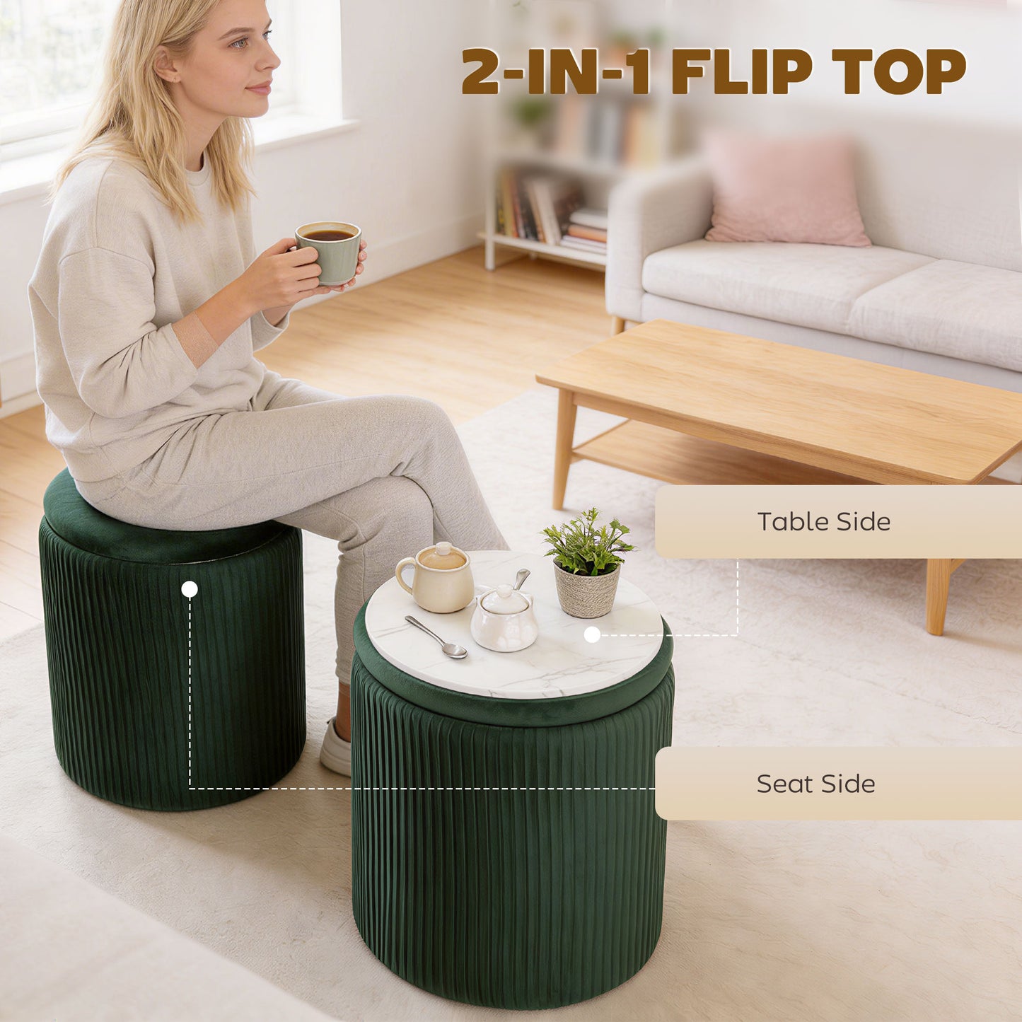 Round Storage Ottoman with Removable Top, Dark Green