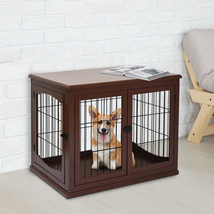 66cm Modern Indoor Pet Cage w/ Metal Wire 3 Doors Latches Base Small Animal House Tabletop Crate Decorative Stylish Brown