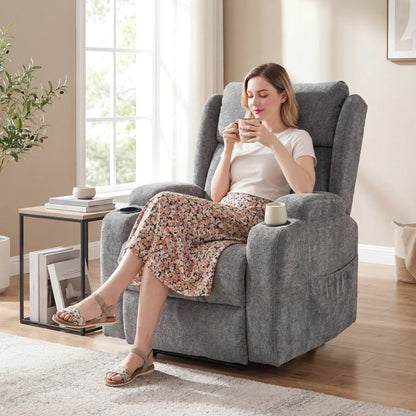 Power Lift Recliner Chair with Vibration Massage and Heat, Chenille Riser and Recliner Armchair for Elderly with Folding Headrest, Spring Cushion, Wide and High Back, Cup Holders, Remote, Grey