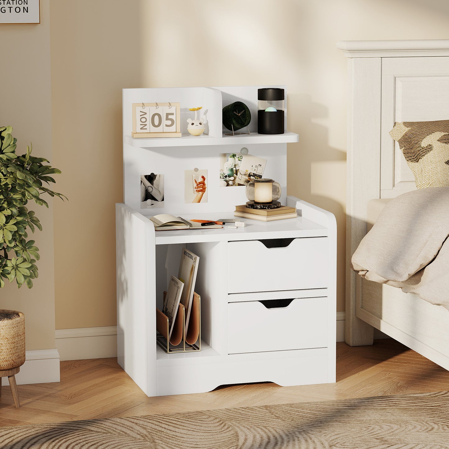 Modern Bedside Table with 2 Drawers and Open Shelves for Bedroom