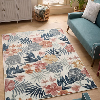 Gardenia Azalea Indoor Outdoor Low Pile Area Rug Floral Design
