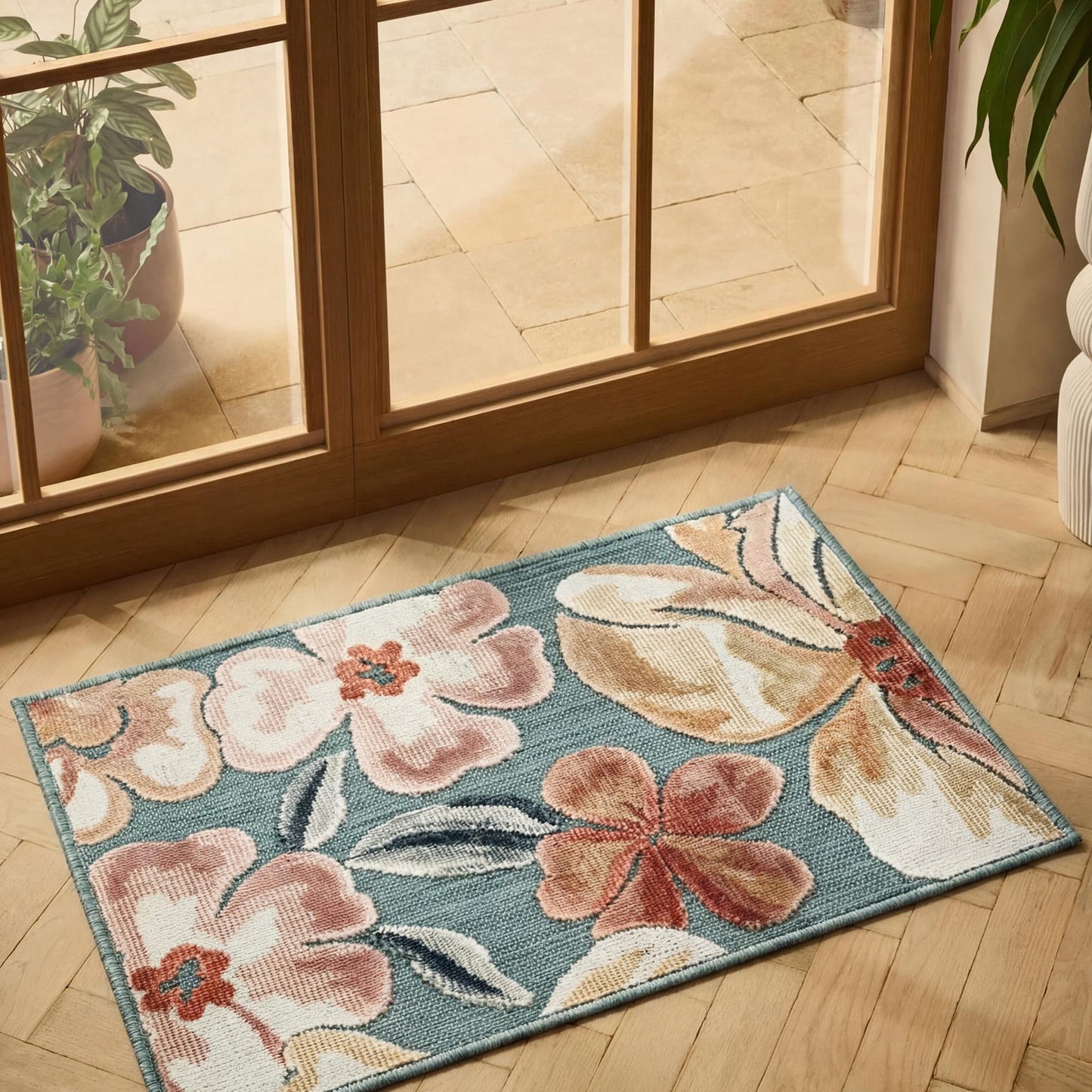 Gardenia Jasmine Indoor Outdoor Low Pile Area Rug Floral Design