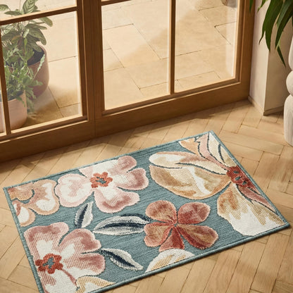Gardenia Jasmine Indoor Outdoor Low Pile Area Rug Floral Design