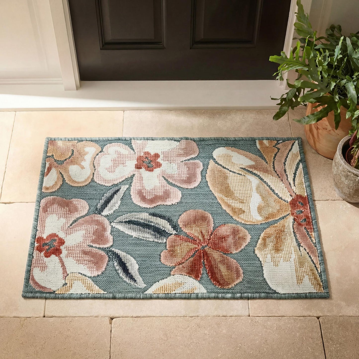 Gardenia Jasmine Indoor Outdoor Low Pile Area Rug Floral Design