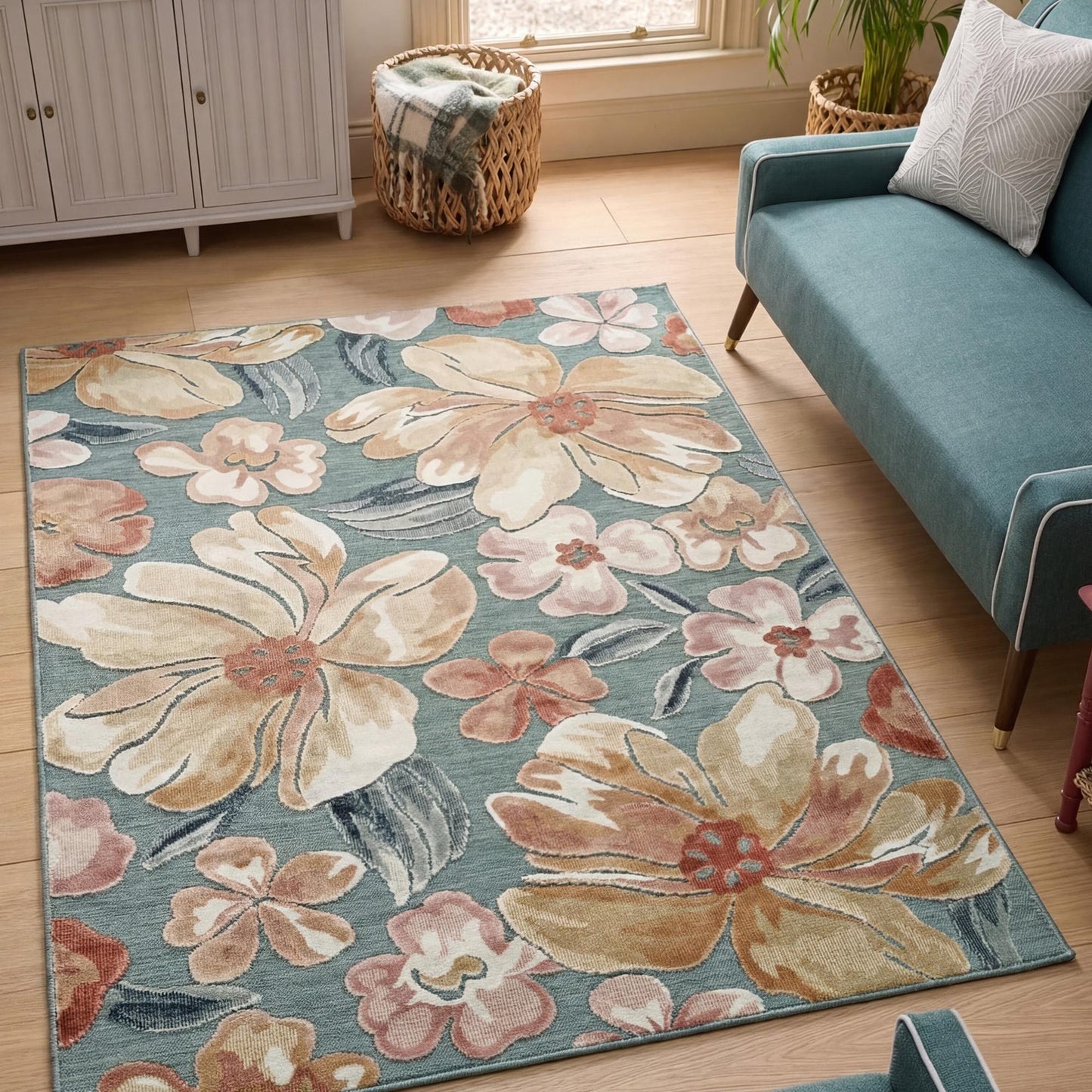 Gardenia Jasmine Indoor Outdoor Low Pile Area Rug Floral Design