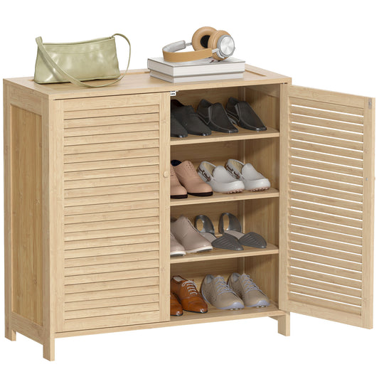 Bamboo Shoe Cabinet with Louvered Doors 14 Pairs Shoe Storage Cabinet