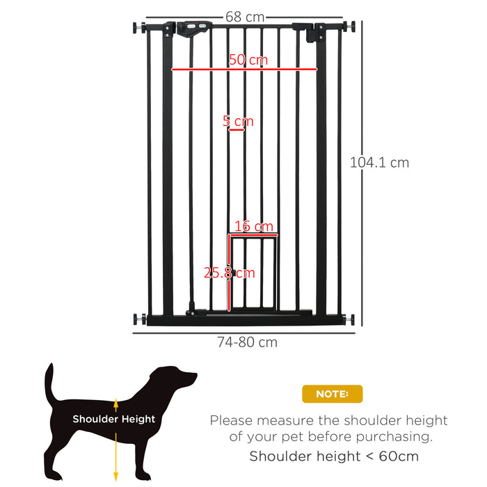 Extra Tall Dog Gate with Cat Door, Pet Safety Gate for Doorways Stairs with Auto Close Double Locking, 104 cm Tall 74-80 cm Wide, Black