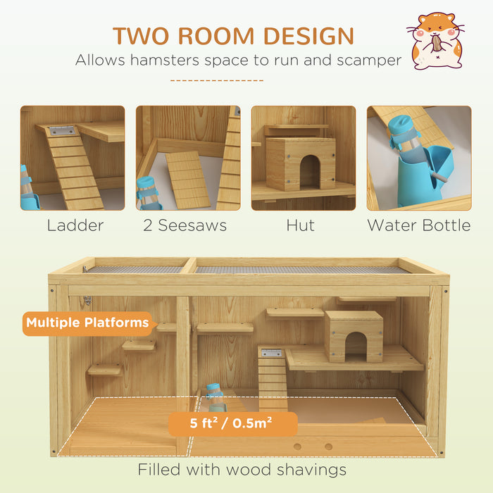 Wooden Hamster Cage with Water Bottle, Platforms, Openable Roof