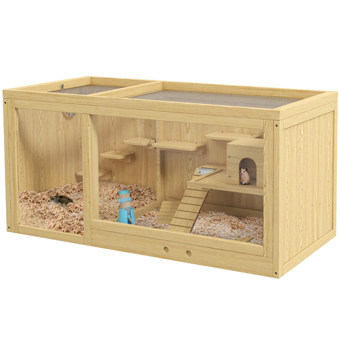 Wooden Hamster Cage with Water Bottle, Platforms, Openable Roof