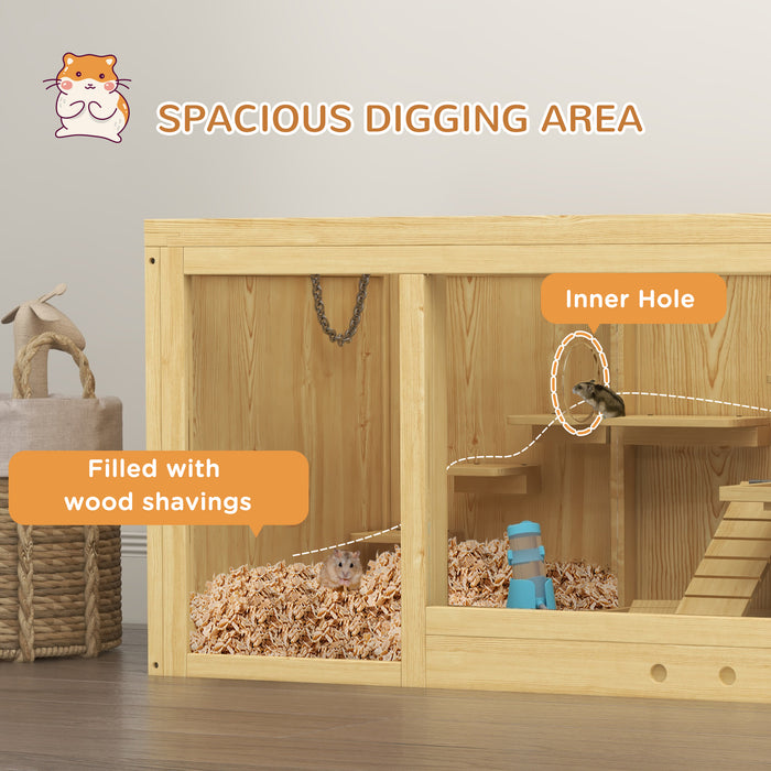 Wooden Hamster Cage with Water Bottle, Platforms, Openable Roof