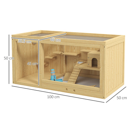 Wooden Hamster Cage with Water Bottle, Platforms, Openable Roof