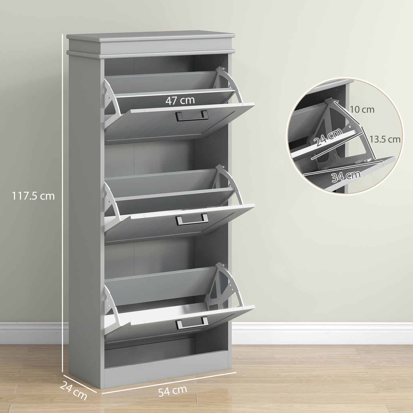 Slim Shoe Storage Cabinet with 3 Flip Drawers for Entryway, Grey