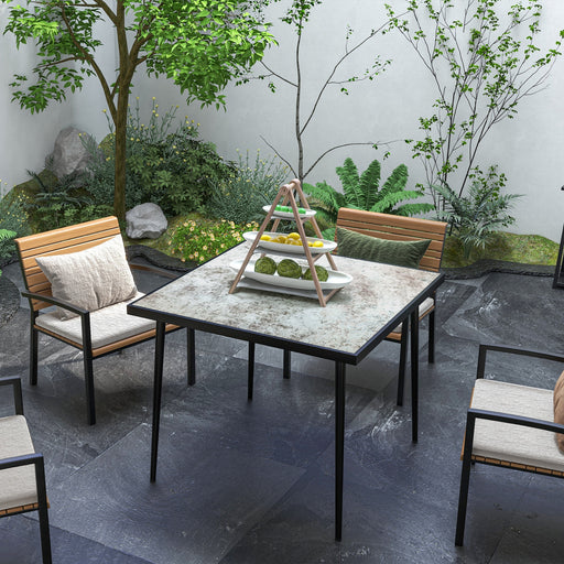 Square Garden Table, Outdoor Dining Table for 4 with Marble Effect Tempered Glass Top and Steel Frame for Patio, Grey