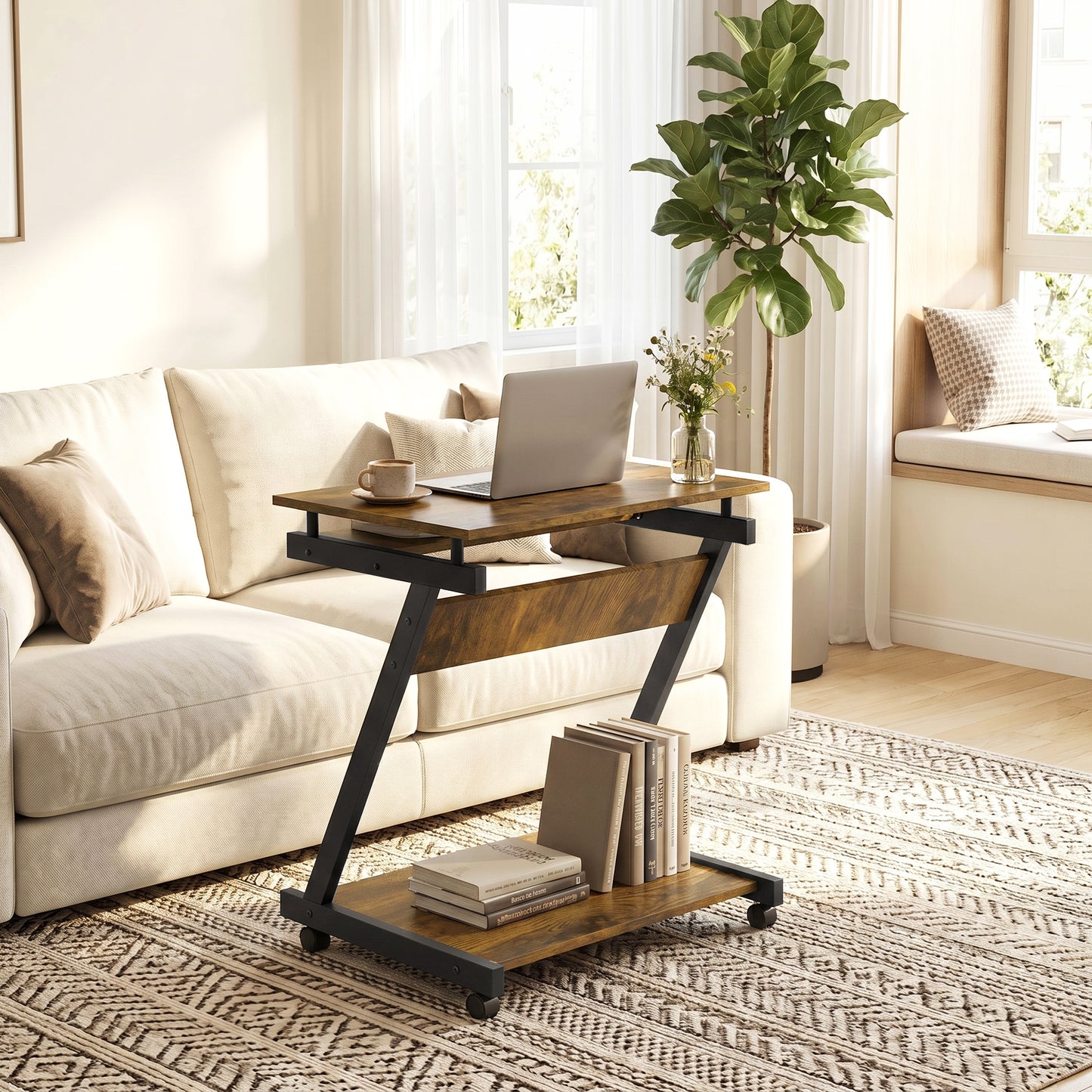 Mobile Computer Desk, Z-Shaped Writing Desk, PC Table for Small Spaces, Workstation with 4 Wheels & Sliding Keyboard for Home Office, Easy Assembly, Rustic Brown