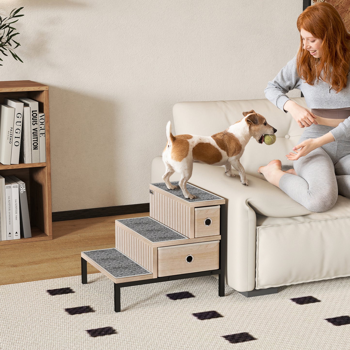 Dog Stairs with Storage, Dog Steps for Older Cats & Small Dogs, Oak