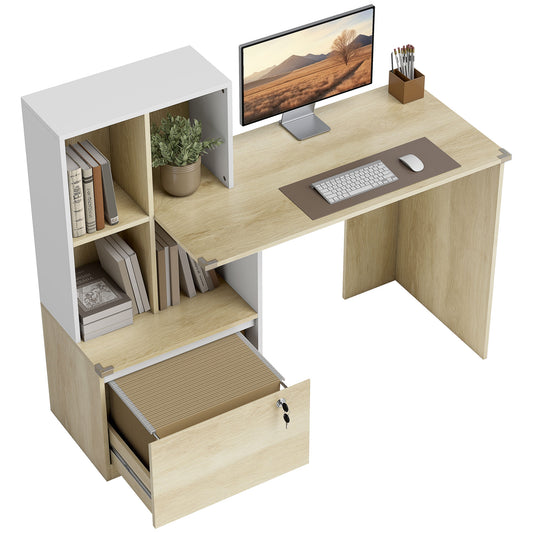 Computer Desk with Lockable File Drawers, Oak Wood Effect