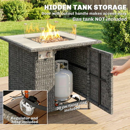 Rattan Gas Fire Pit Table with Rain Cover, Wind Guard, 14.5 KW