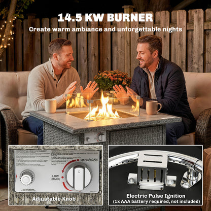 Rattan Gas Fire Pit Table with Rain Cover, Wind Guard, 14.5 KW