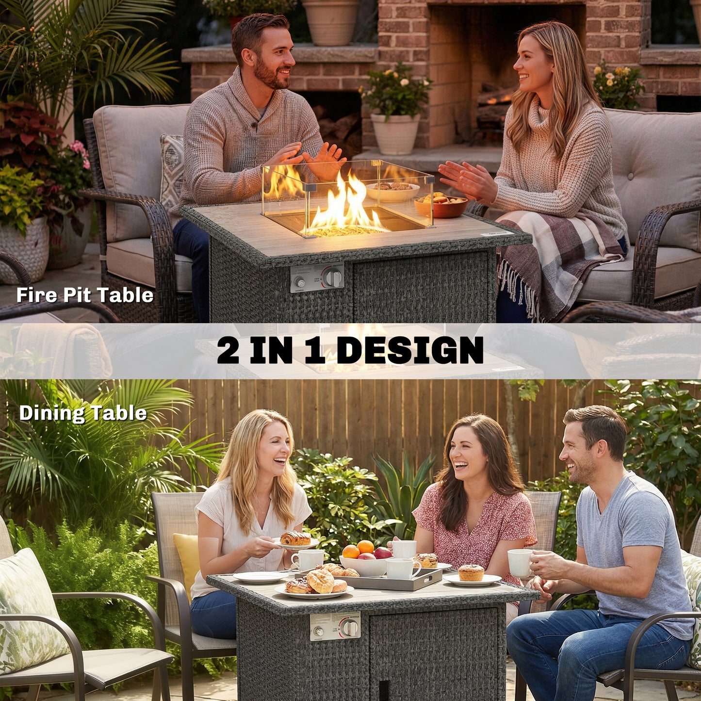 Rattan Gas Fire Pit Table with Rain Cover, Wind Guard, 14.5 KW