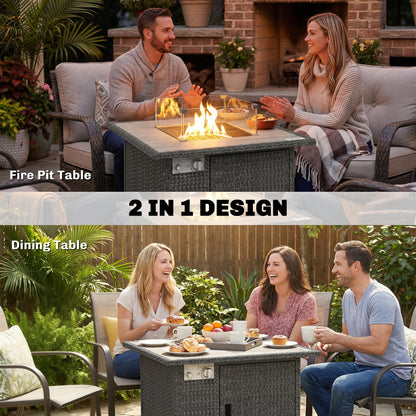 Rattan Gas Fire Pit Table with Rain Cover, Wind Guard, 14.5 KW