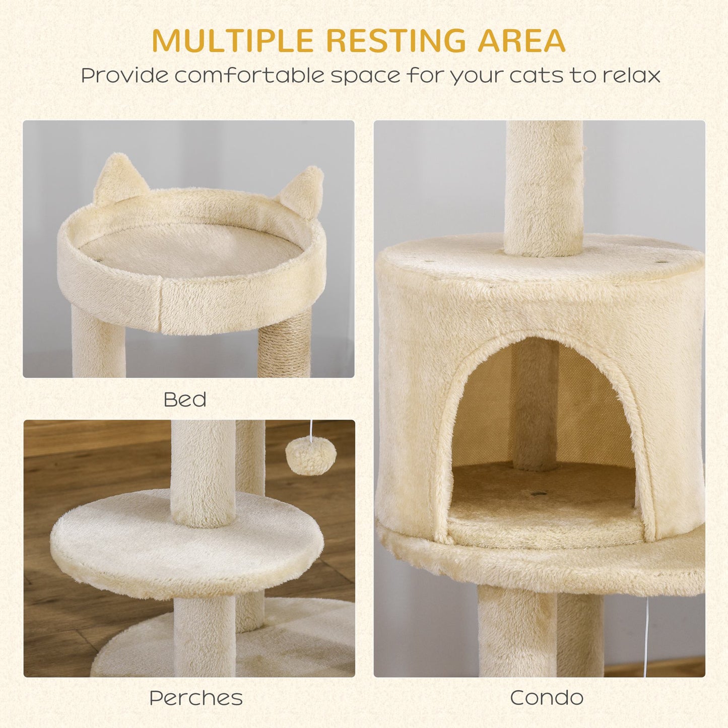 104 cm Cat Tree, Cat Condo Tree Tower, Cat Activity Centre with Scratching Posts, Plush Perch, Hanging Ball - Beige