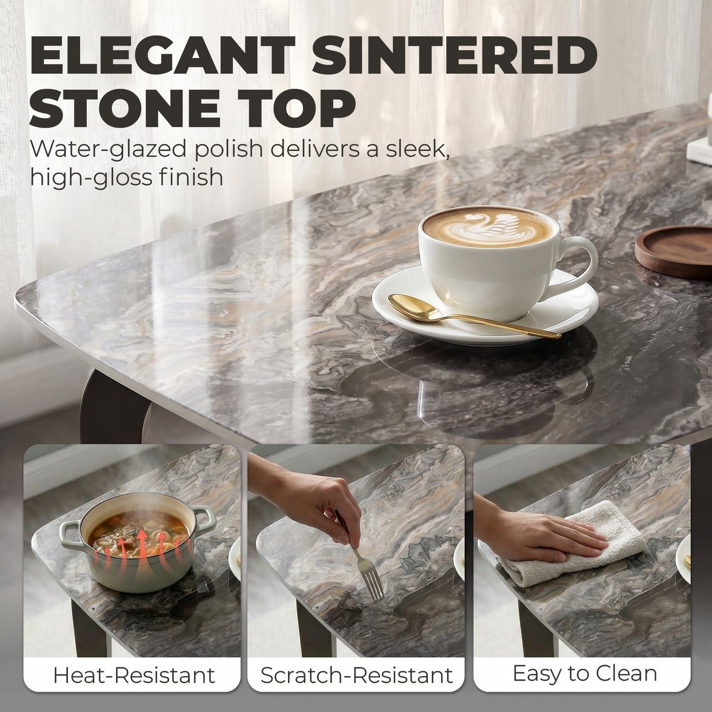 Dining Table for 4, Kitchen Table with Sintered Stone Tabletop, Brown