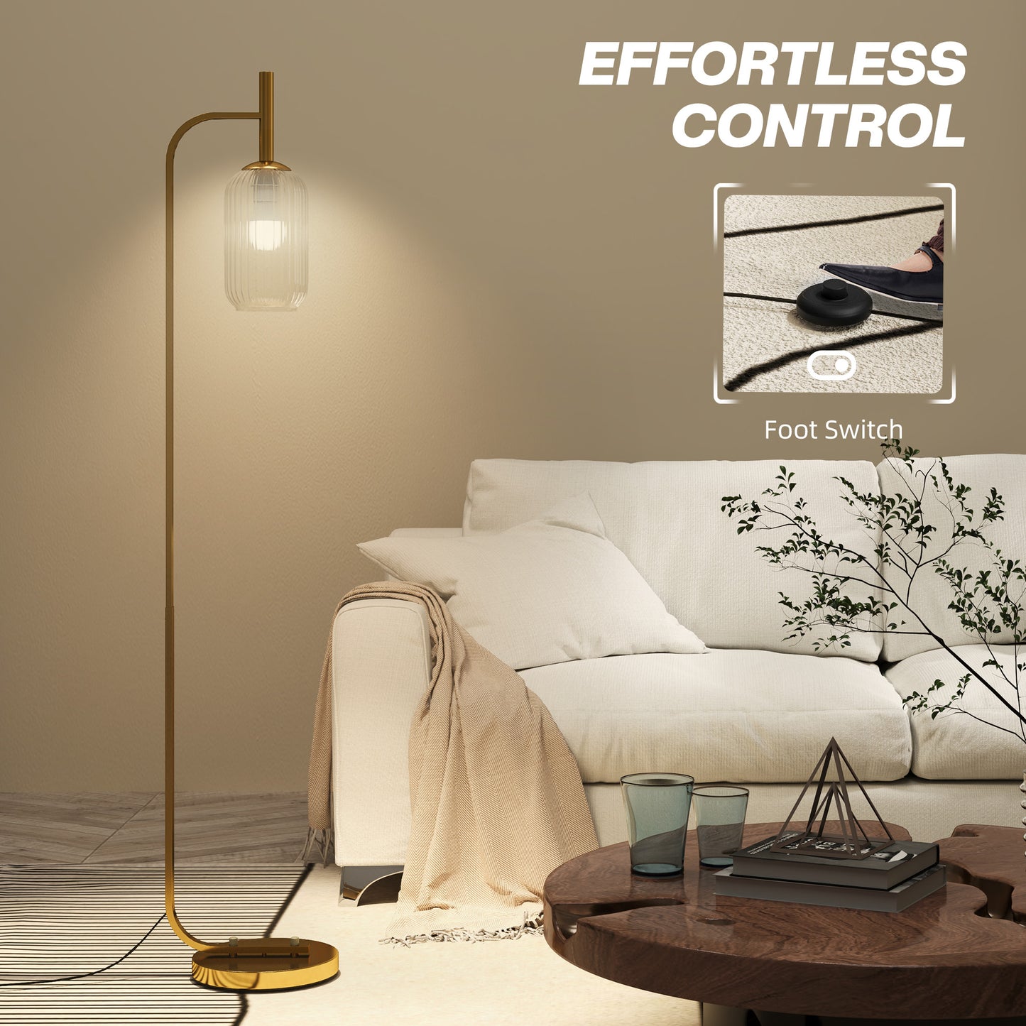 Modern Floor Lamp with Glass Lampshade, Foot Switch for Living Room