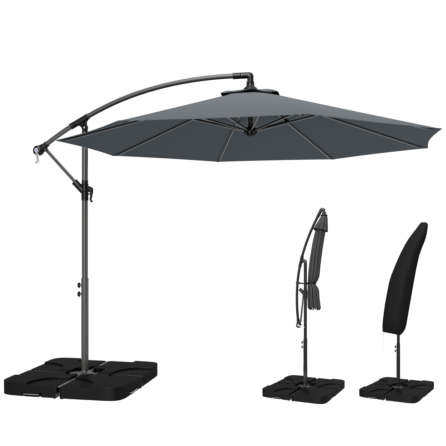 3(m) Banana Parasol Cantilever Umbrella Garden w/ Base Weights - Dark Grey